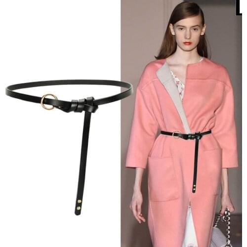 Leather Knotted Belts Womens Thin Belt Genuine Leather Simple Design Circle Buckle Fashion Decorative Waistbands Dress Shirt
