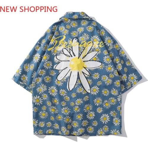 Fashion Daisy Flower Print Shirts Vintage 90s Summer Shirts Men Hawaiian Streetwear Harajuku Button Up Cotton Shirt Retro Tops