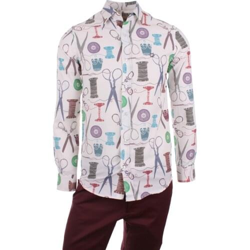 Gentilbay Mens Tailor Barber Pattern Digital Printed Black Slimfit Long-Sleeve Sport Shirt DPD106