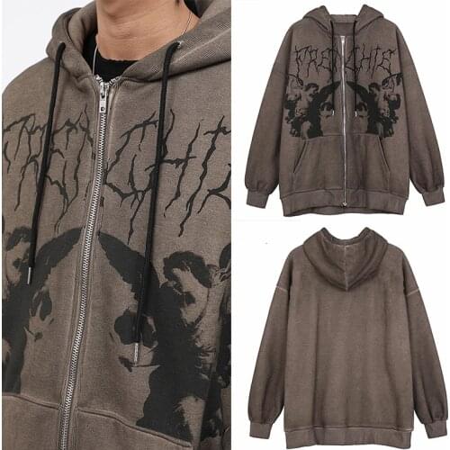 Angel Fairy Grunge Dark Print Brown Loose Zipper Y2k Punk Jacket mens Hip-hop Harajuku Oversized Hoodies Sweatshirts Streetwear
