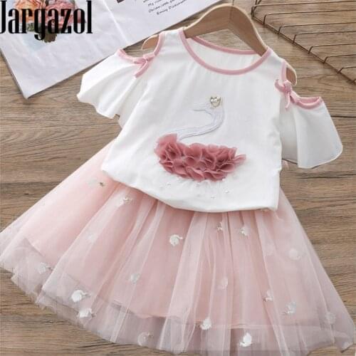 Jargazol Little Girl Clothing Summer Girls Clothes Pearl Swan Off The Shoulder Shirt&Embroidery Mesh Skirt Korean Kids Clothes