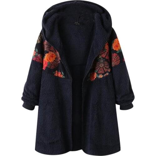 Autumn Women Coat Jacket Warm Fleece Female Outwear Floral Print Patchwork Zipper Long Ladies Coat Long Sleeve Hooded