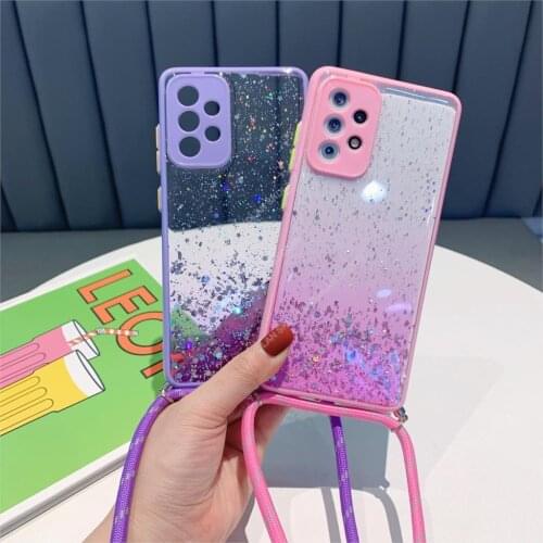 Strap Cord Chain Necklace Lanyard Phone Case For OPPO Realme 8 Pro 5i 6i 7i C21 A54 A9 A5 2020 Bling Glitter Star phone cover