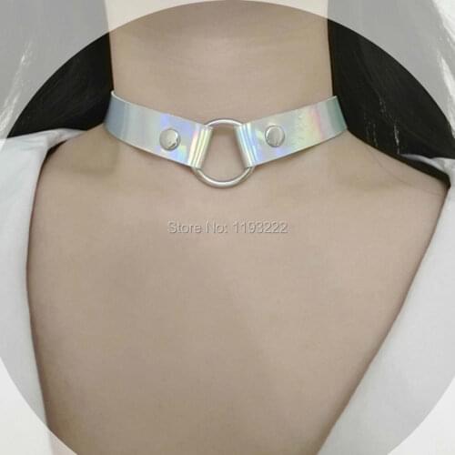 Retro Vintage Women Girl 100% Handmade Holographic Choker PU Leather O-Round Laser Collar Punk Gothic Necklace