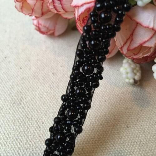 1cm width black pearl beaded trim, wedding gown lace trim, headbands, garment accessories, crafts 3 Yards