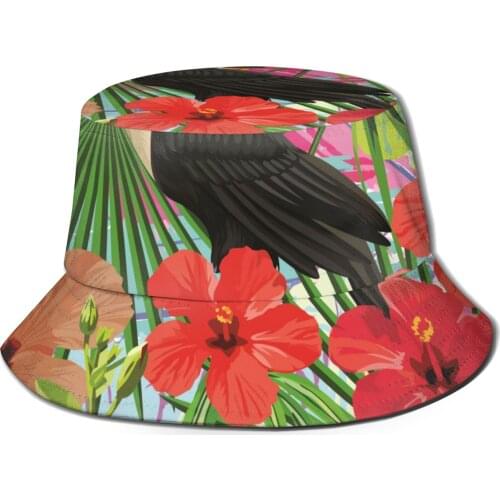 CINESSD Bird Toucan Leaves Hibiscus Flowers Casual Sun Hat Bucket Hat for Women Bob Hip Hop Caps Summer Fisherman Hat Panama