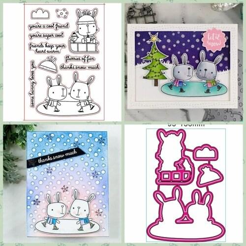 Snow Bunnies Metal Cutting Dies and Clear Stamp New Stencils DIY Scrapbooking Paper Cards Handmade Crafts Embossing Decoration