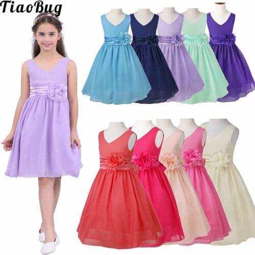 TiaoBug Summer 2 To 14 Years Kids Girls V-Neck Dress Ball Gown Prom Wedding Bridesmaid Chiffon Party Costume With Flower