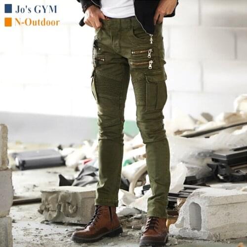 Outdoor Mens Tactical Motorcycle Pants Slim Stretch Jeans Multi-pockets Casual Military Climbing Hiking Denim Straight Trousers