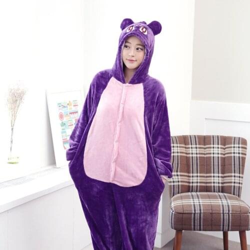 Purple Moon Cat Pajama Set Women Men Unisex Adult Animal Pijama Flannel Onesie Sleepwear Hoodie Halloween Cosplay Costume