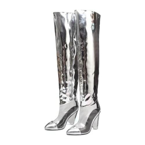 Botines Mujer Overknee Patchwork PVC Woman Transparent Boots Crystal Chunky Spike High Heels Mirror Leather Long Bot Shoes 2020