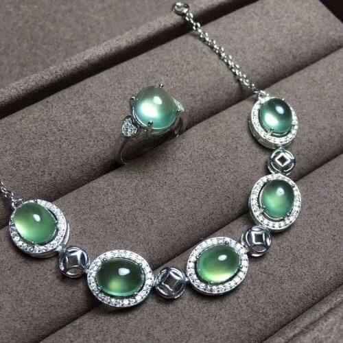Natural green prehnite gem jewelry sets natural gemstone Bracelet ring 925 silver Stylish elegant round women party fine jewelry