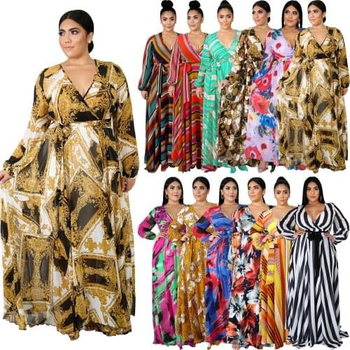 CM.YAYA Plus Size S-5XL Floral Striped Print Floor Length V-neck Maxi Dress for Women Long Sleeve Maxi Dresses Vestidos