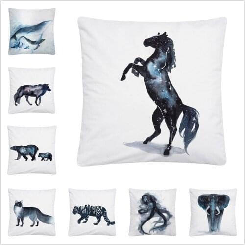 Ink Painting Wild Animal Cartoon Pattern Soft Short Plush Cushion Cover Pillowcase Home Sofa Car Decoration Pillowcase45X45 Cm