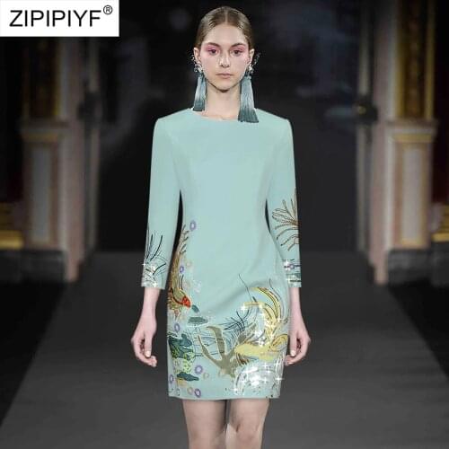 2021 Summer Runway Fashion O Neck Long Sleeve Sequined Embroidery Cartoon Pattern High Waist Short Pencil Party Dresses Z196