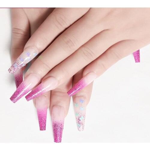 24pcs/Set Long Ballet False Nails Pretty Butterfly Decals Purple Glitter Wedding Bride Artificial Full Nail Art Tips with Glue