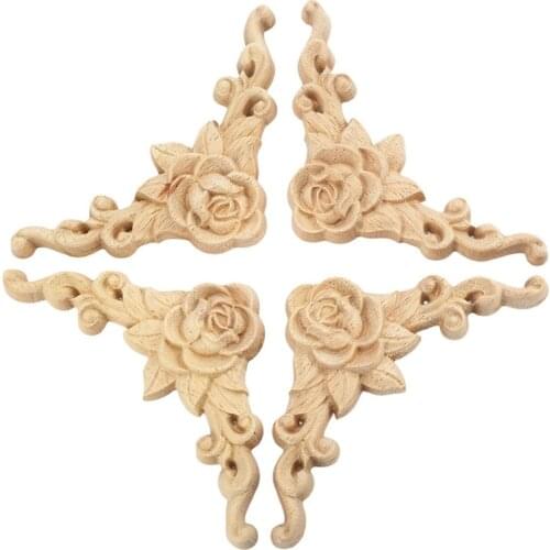 4pcs 8*8cm Wood Carved Corner Onlay Applique Door Cabinet Rose Unpainted European Style