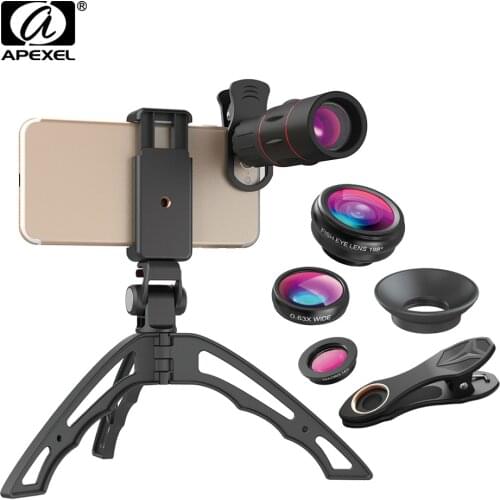 Apexel Universal 18X Zoom Telephoto Optic Lens Fisheye Wide Angle Macro Lens with tripod phone holder For iPhone Samsung huawei