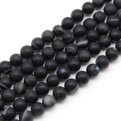 Natural Matte Black Stripes Agates Stone Beads Round Loose Spacer Beads for Jewelry Making DIY Bracelet Accessories