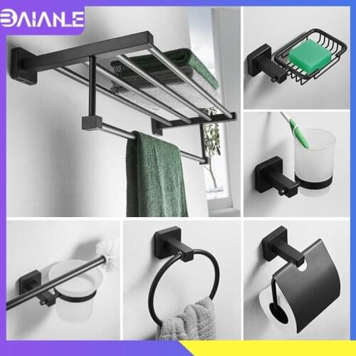 Towel Holder Black Stainless Steel Towel Rack Hanging Holder Double Towel Bar Coat Hook Rack Wall Mount Toilet Brush Holder Set