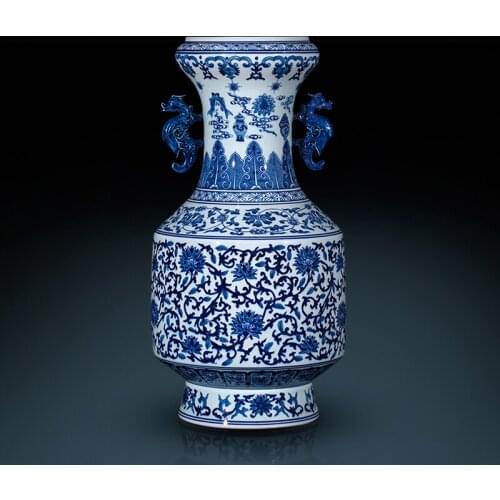 Jingdezhen Ceramics Imitation Of Qianlong Hand Painted Blue And White Porcelain Eight Treasures Two Ears Antique ceramic Vases