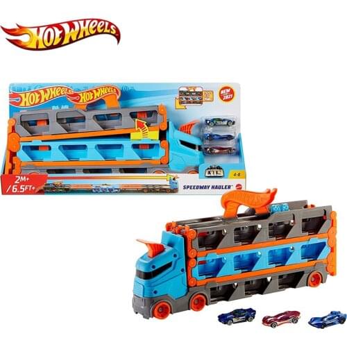 Hot Wheels Speedway Hauler Storage Carrier Truck With 3 Sport Cars Kid Toy Can Become 2M Track GVG37 Funny Birthday Gift For Boy