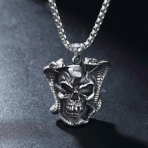 Gothic Cobra Twining Skull Pendant Necklace Men Boys Stainless Steel Charm Necklace Male Punk Hip Hop Jewelry Dropshipping Store