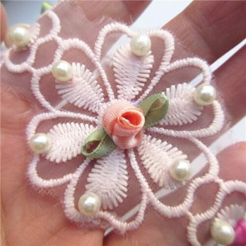10x Pink 5x5cm Cotton Pearl Colorful Flower Embroidered Lace Trim Ribbon Fabric Handmade DIY Wedding Dress Sewing Supplies Craft