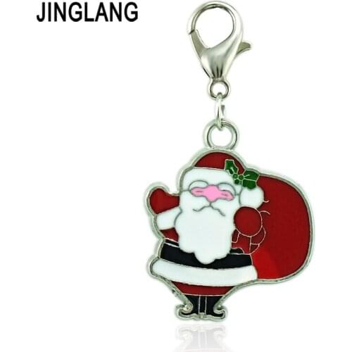 JINGLANG Christmas Gift Fashion Lobster Clasp Dangle Red Enamel Santa Claus Charm Pendants DIY Necklace Jewelry Accessories