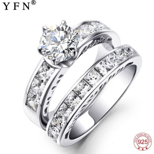 GNJ8866 Wholesale Princess Cut AAA Cubic Zirconia Wedding Ring Set Genuine 925 Sterling Silver Rings For Women (2pcs/set)