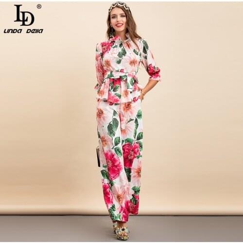 LD LINDA DELLA New 2021 Summer Runway Fashion Two Piece Pants Suits Women Loose Flower Print Top and Wide Leg Pants Sets