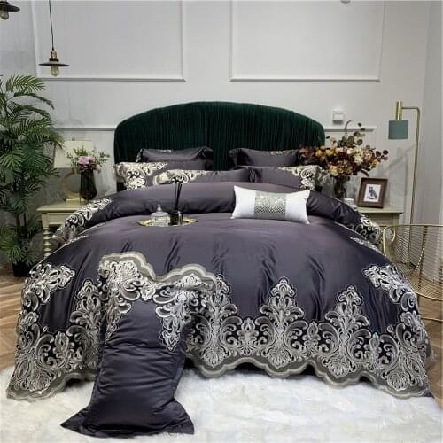New Luxury Dark Purple Egyptian Cotton Lace Edge Bedding Set Satin Silky Duvet Cover Bed Sheet Or Bedspread Pillowcase 4/7Pcs