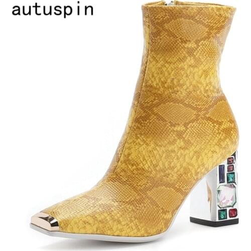 Autuspin Yellow Serpentine Boots Women Fashion Morden Runway Show High Heels Pumps 2021 Rhinestones Party Prom Side Zipper Boots