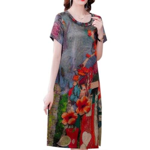 Casual 4XL Plus Size Floral Silk Mid-Length Middle-Aged Mother Dress2021 Summer Vintage Loose Print Grace Dress FC1339