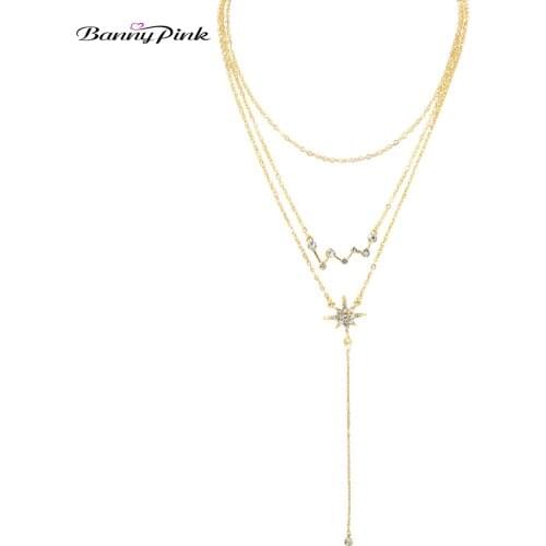 Banny Pink Chic Rhinestone Star Music Symbol long Pendant Choker Necklace For Women Sexy Multilayer Chain Clavicle Choker Collar