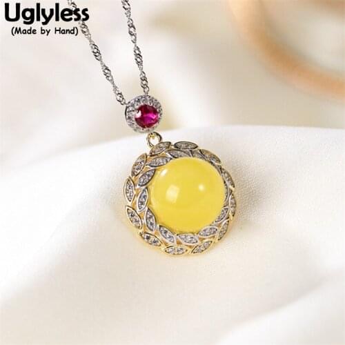 Uglyless Sparkly Zircons Crystals Olive Necklaces for Women Nature Amber Beeswax Pendants+Chain Elegant Dress Jewelry 925 Silver