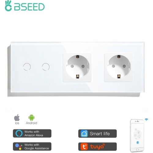 BSEED 2 Gang Smart Wifi Switch With Double Normal EU Sockets White Black Glod Crystal Glass Panel Control By Alexa Google Tuya