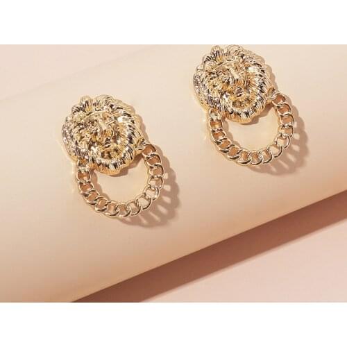 Vintage Goth Steampunk Lionhead Studding Earrings For Women Rock Chunky Metal Chain Round Drop Earring Punk Jewelry Party Gifts