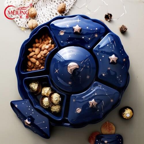 360degrees Rotate Ceramic Star Snack Plate in Deep Blue Grid Candy Nut Dried Fruit Dishes Bowl Decorative Tray for Party Wedding