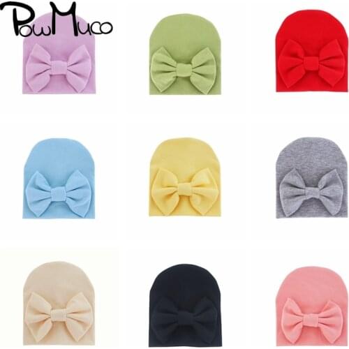 Powmuco Double Layer Warm Knitting Cotton Newborn Hats Solid Color Handmade Bowknot Infant Caps Baby Accessories Birthday Gifts