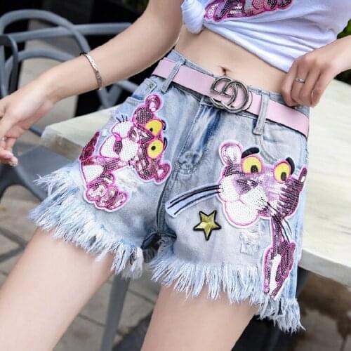 Hot Sexy New Arrivals Cartoon Stars Sequins Embroidery Tassels Ripped Holes Denim Shorts Female Fashion Tide Women CC215
