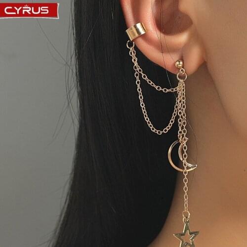 Vintege Star Moon Clip on Earrings for Women Simple Gold Color Long Chain Tassel Stud Earring Girls Trendy Party Jewelry Gifts