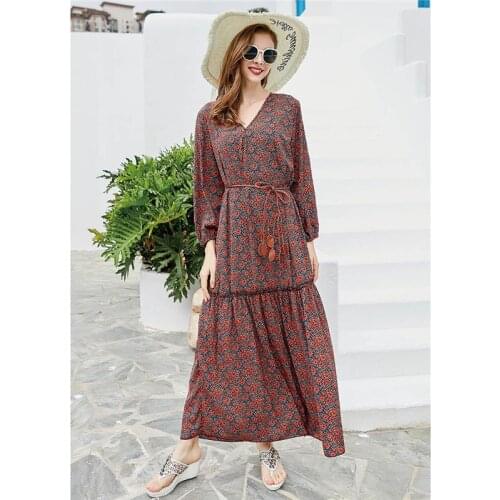 Boho Kaftan Women Long Sleeve Maxi Dress Flower Print Caftan V Neck Loose Dresses Party Gown Vintage Bohemian Elegant Vestidos