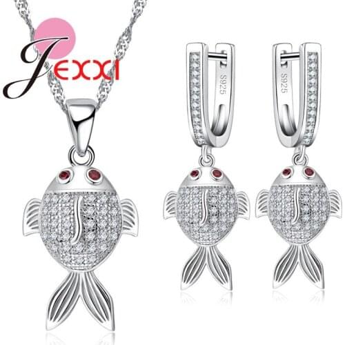 Pretty Fish With Red Eyes 925 Sterling Silver Womens Fashion Jewelry Set Pendant Necklace & Earrings Wholesale
