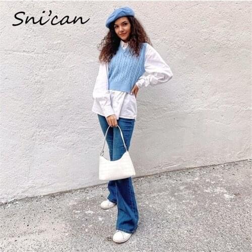 Snican Blue V Neck Sweater Vest Fashion Women Sleeveless Za Crop Tops Office Ladies Casual Pullover Femme Spring Donna Maglioni