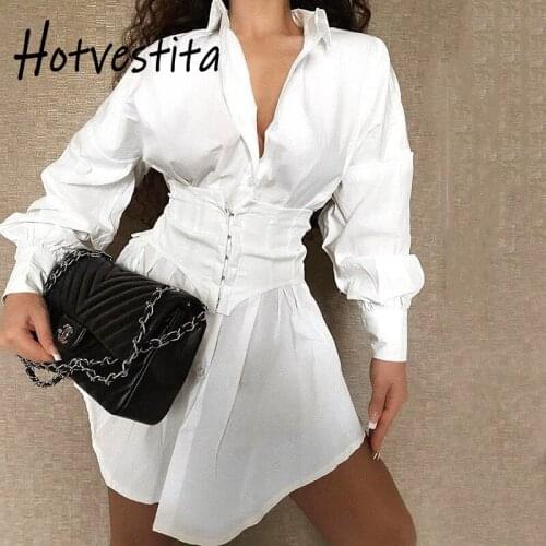 SOGA DRESS Autumn Sexy Office Lady White Shirt Corset Button Long Sleeve Vintage Dress Elegant All-match Women Party Mini Dress