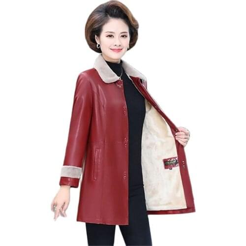 6XL Womens Fall Winter PU Leather Jacket 2021 Middle-aged Female Plus Velvet Thicken Warm Leather Overcoat Large Size Coat A