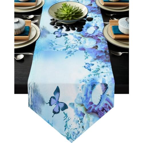 Animal Butterfly Flower Blue Rose Modern Table Runner Home Decor Wedding Party Decoration For Hotel Banquet Tea Table Cloth