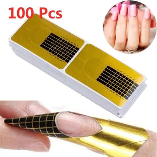 100 Pieces Nail Art Paper Tray Crystal Phototherapy Nail Forms Extension Golden Rectangular Self-Adhesive Sticker Manicure Tools