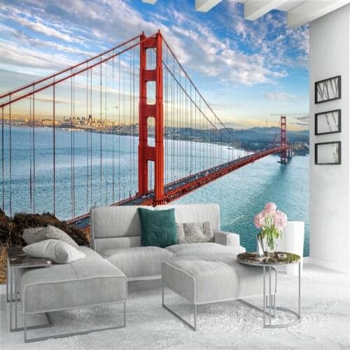 Custom any size 3D wall mural wallpapers Modern fashion Golden Gate Bridge 2 3D Perspective Wallpaper Wall Sticker YBZ088
